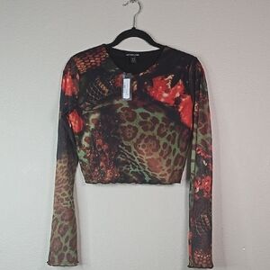 PrettyLittleThing mesh  Black and Red Fitted Crop Blouse size 10 NWT.